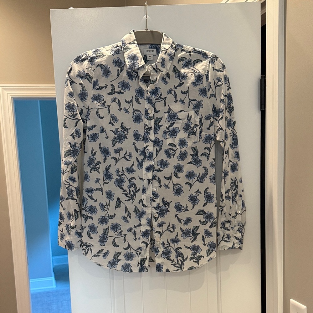 J. Crew White and Blue Floral Blouse